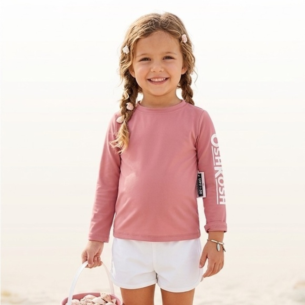 New Osh Kosh Girls Pink Long-Sleeve Rash Guard Top - Dusty Rose SPF 50 Size 4